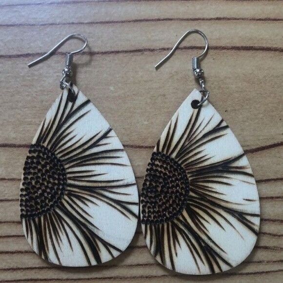 Sunflower Wood Burned Earrings Teardrop Dangle Boho Chic Lightweight - Picture 2 of 6